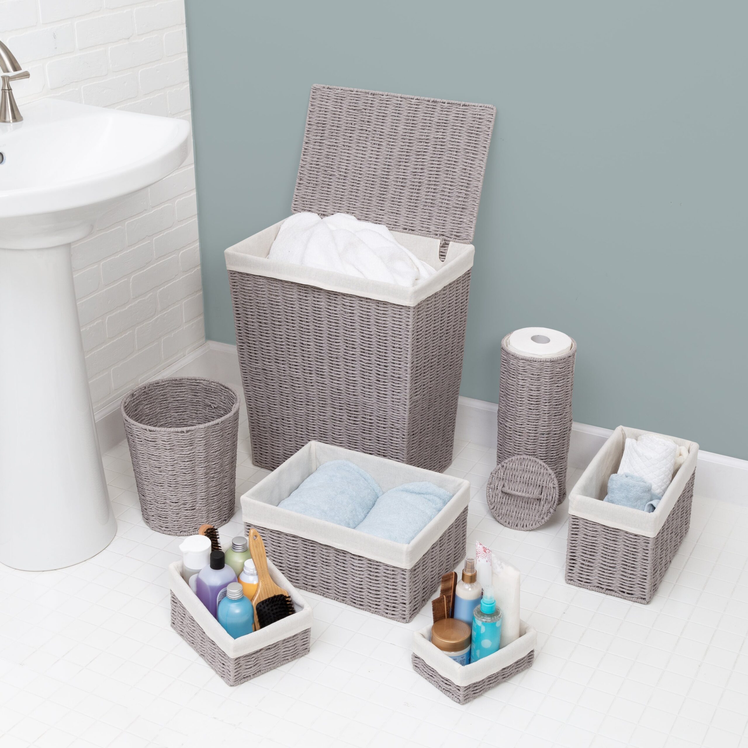 gray twisted paper rope 7 piece storage basket set gray twisted paper rope 7 piece storage basket set