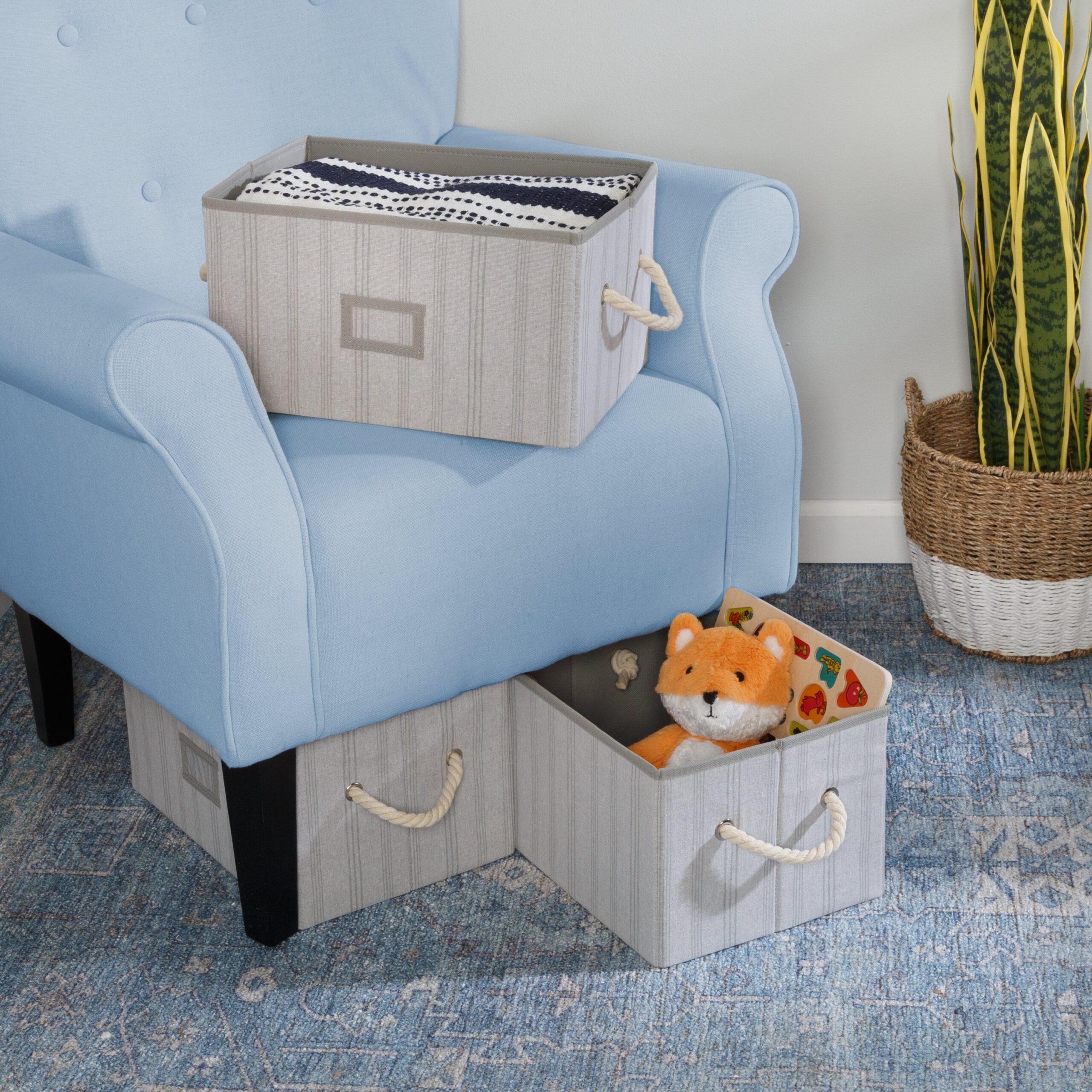 gray stripes folding large fabric storage bins with handles (set of 3) gray stripes folding large fabric storage bins with handles (set of 3)