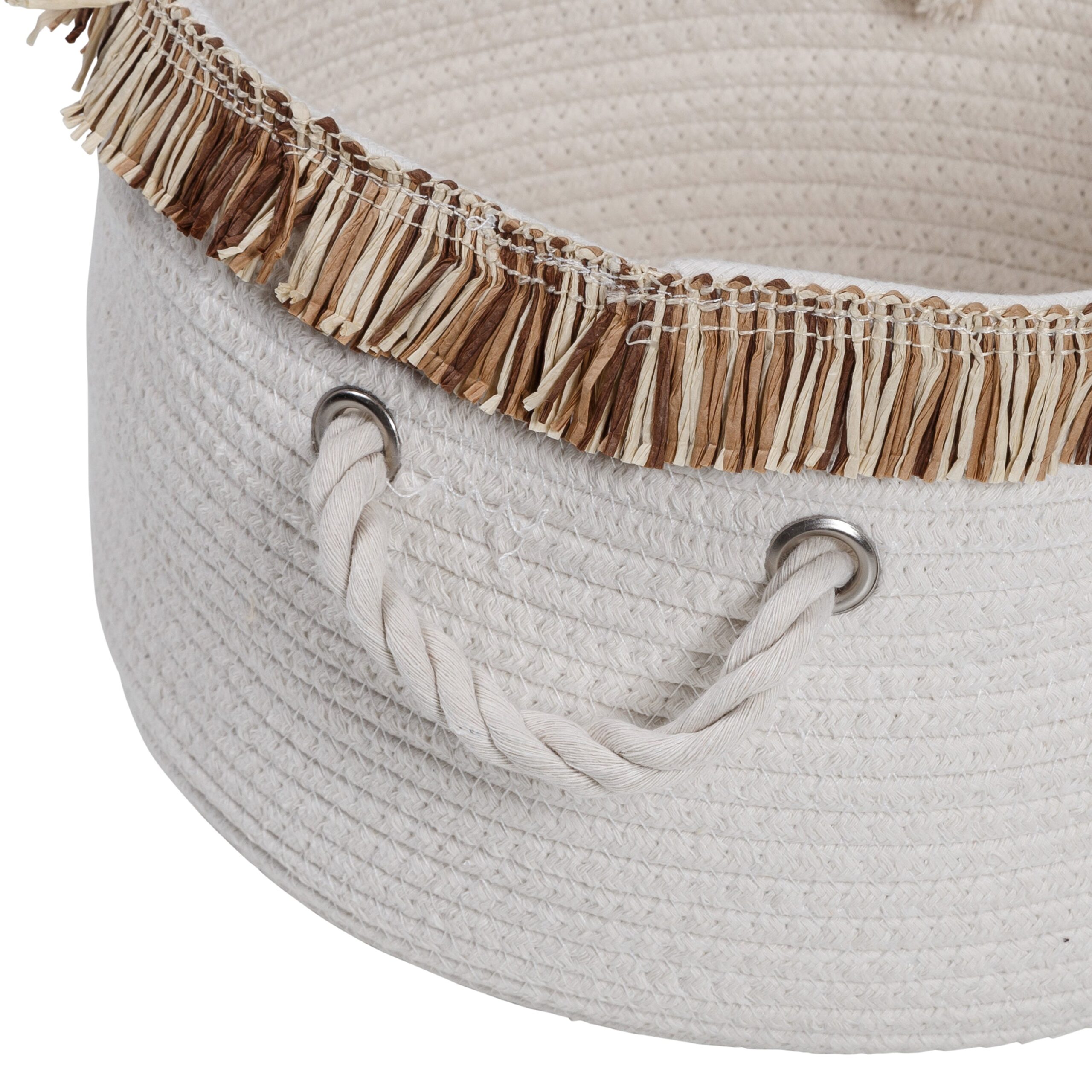 white/natural cotton rope nesting baskets with fringe (set of 3) white/natural cotton rope nesting baskets with fringe (set of 3)