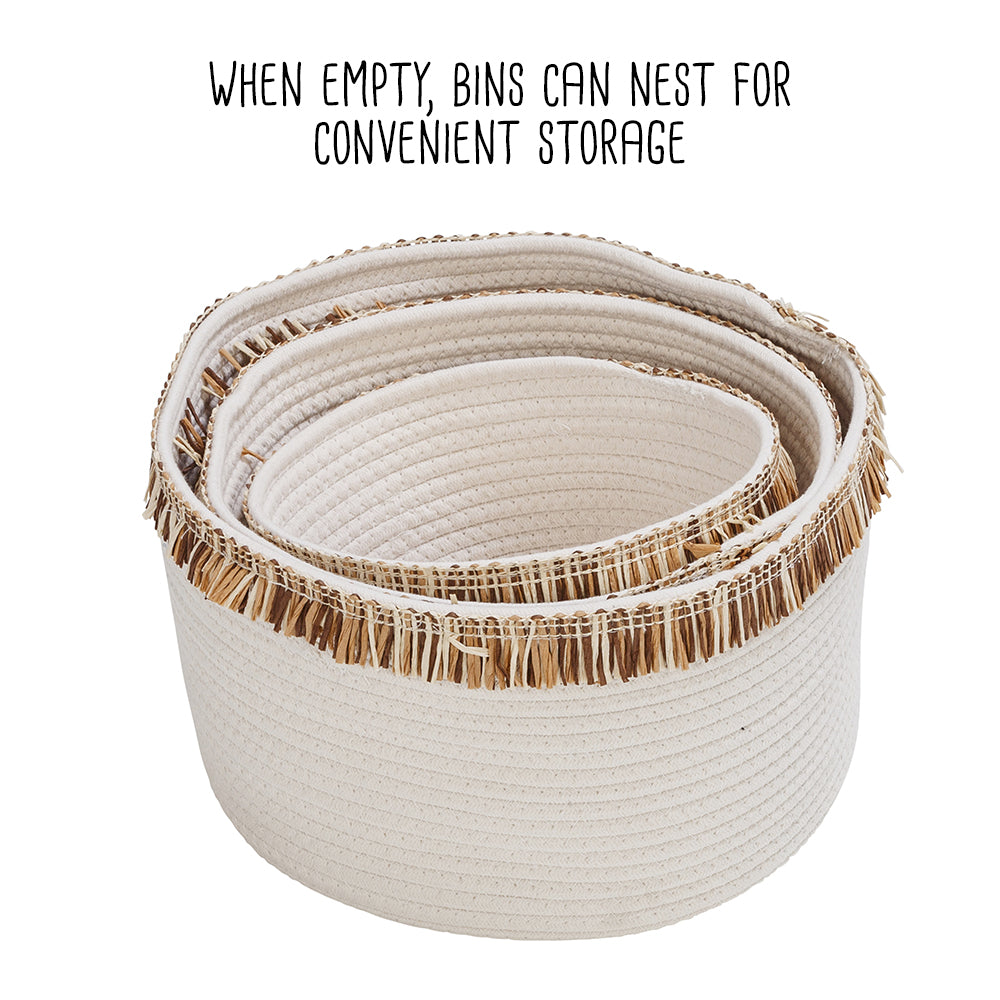 white/natural cotton rope nesting baskets with fringe (set of 3) white/natural cotton rope nesting baskets with fringe (set of 3)