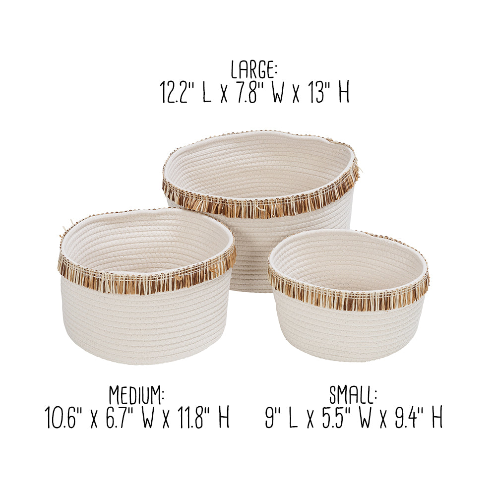 white/natural cotton rope nesting baskets with fringe (set of 3) white/natural cotton rope nesting baskets with fringe (set of 3)