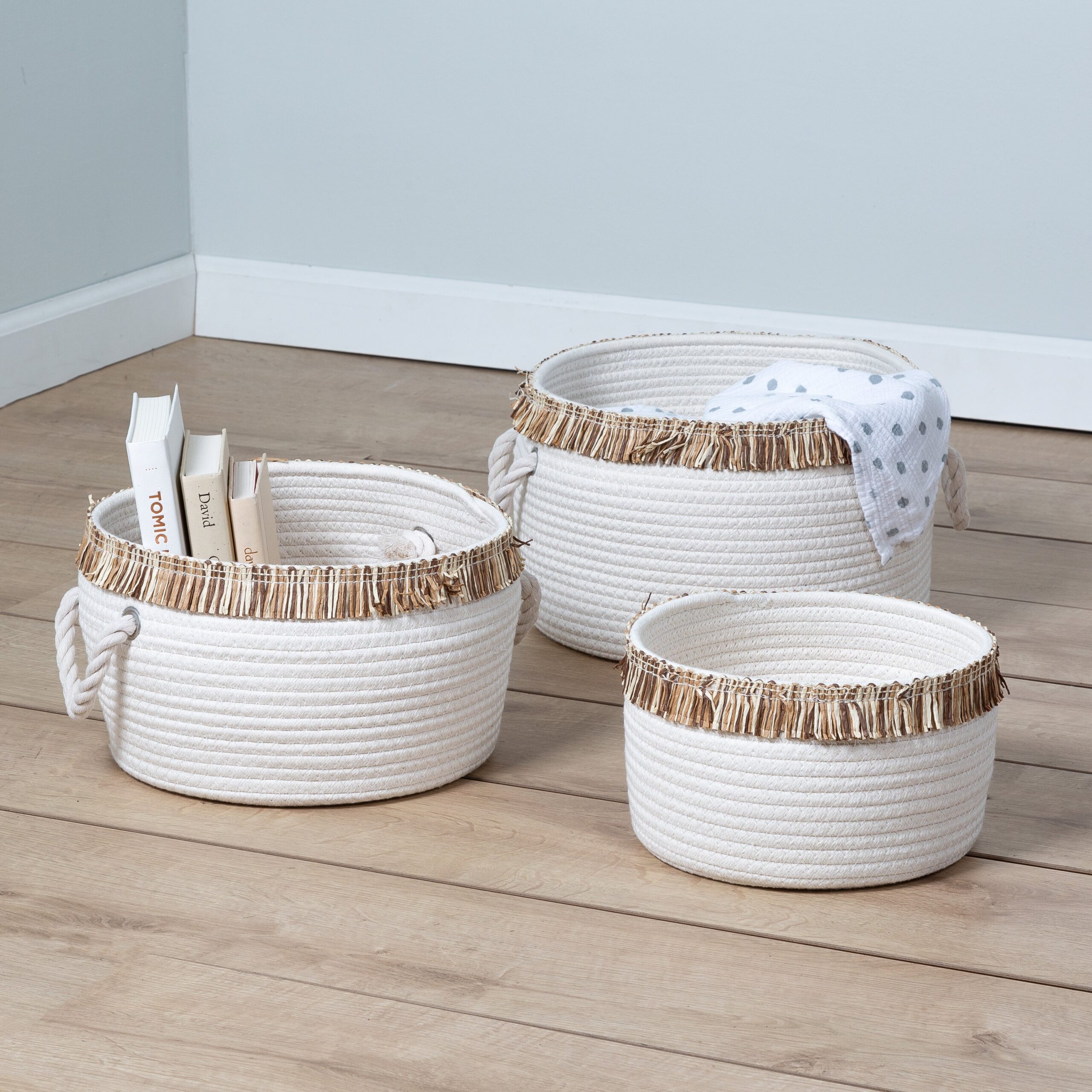 white/natural cotton rope nesting baskets with fringe (set of 3) white/natural cotton rope nesting baskets with fringe (set of 3)