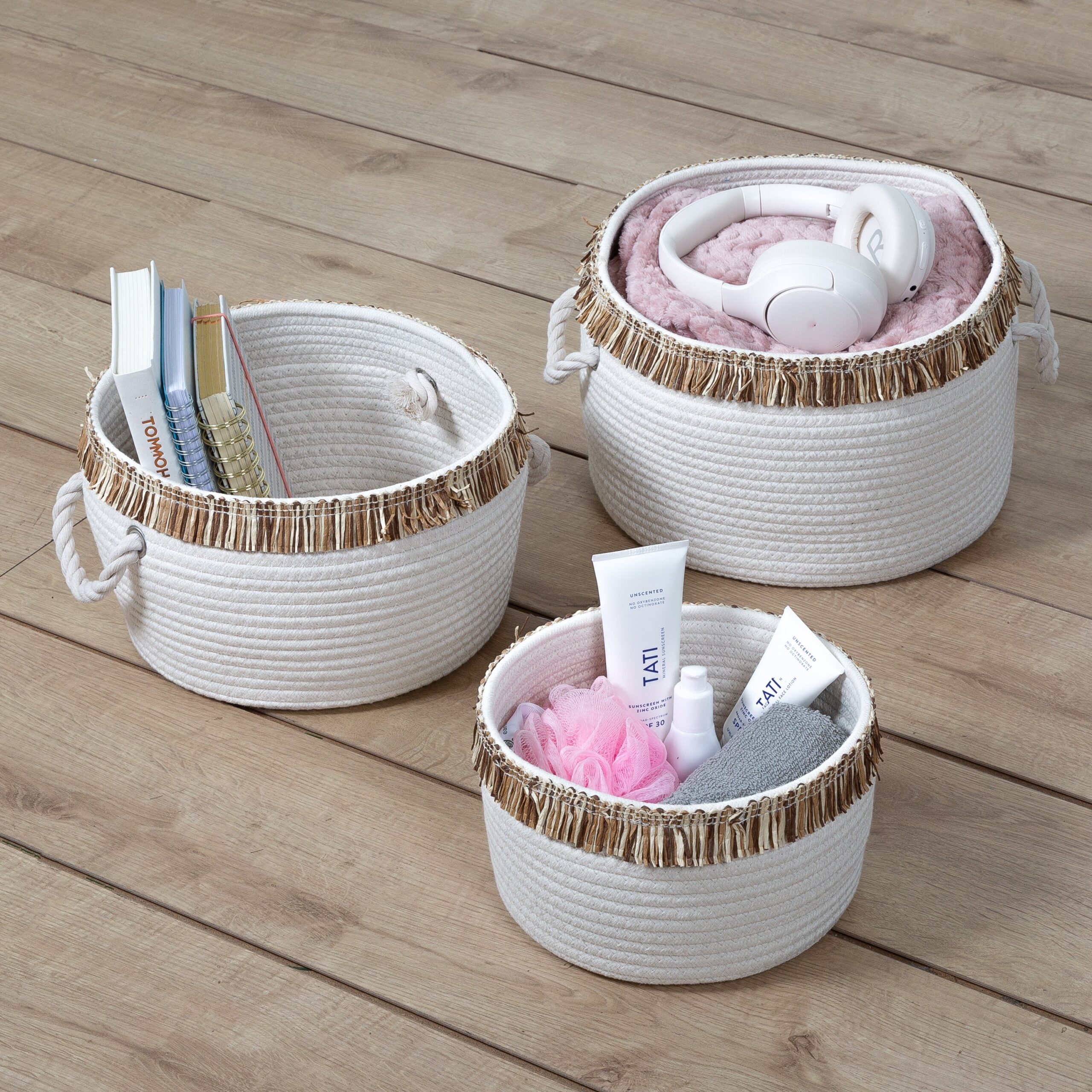 white/natural cotton rope nesting baskets with fringe (set of 3) white/natural cotton rope nesting baskets with fringe (set of 3)