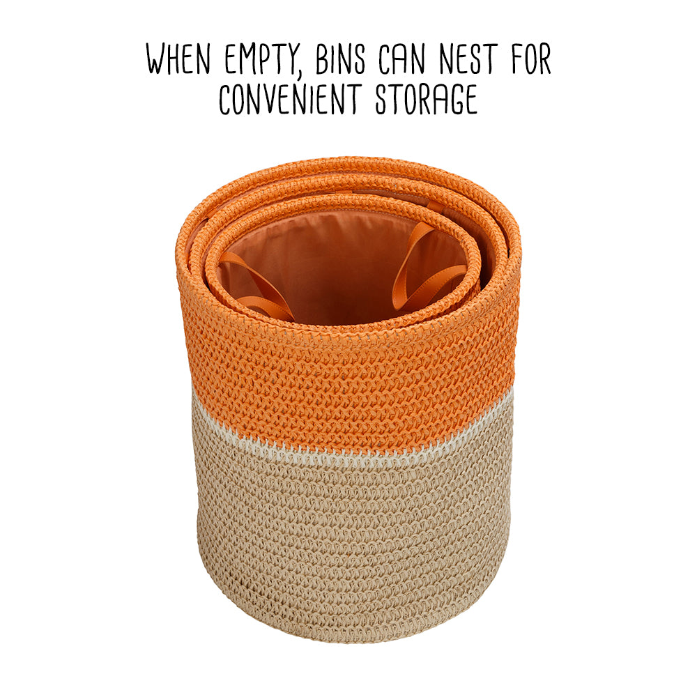 orange/natural paper straw nesting baskets with handles (set of 3) orange/natural paper straw nesting baskets with handles (set of 3)