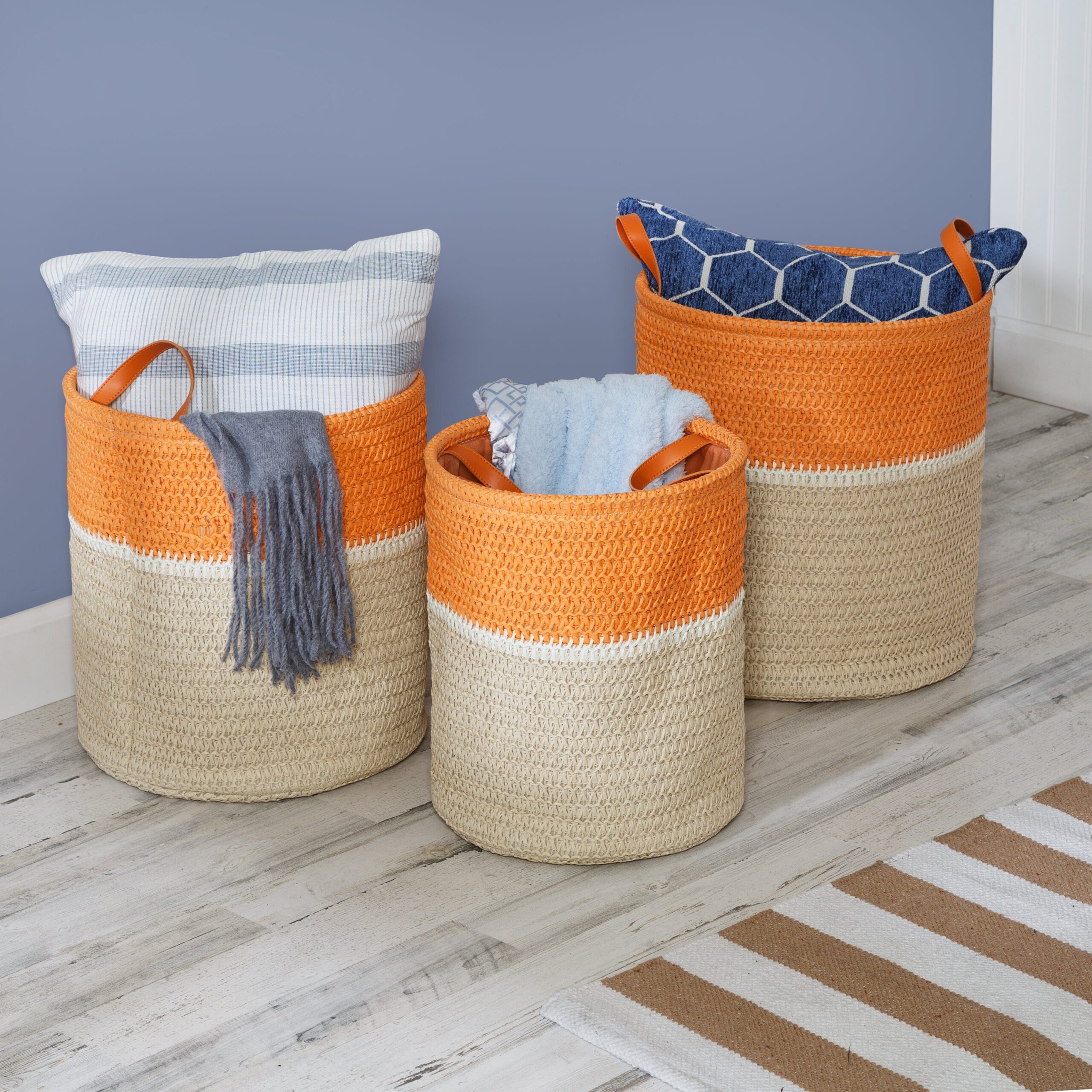 orange/natural paper straw nesting baskets with handles (set of 3) orange/natural paper straw nesting baskets with handles (set of 3)