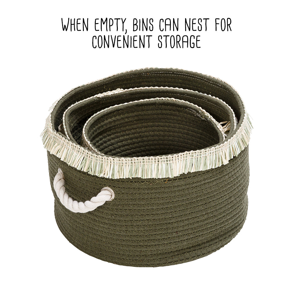 olive green/white cotton rope nesting baskets with fringe (set of 3) olive green/white cotton rope nesting baskets with fringe (set of 3)