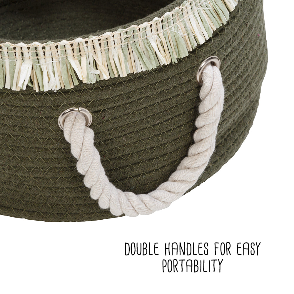 olive green/white cotton rope nesting baskets with fringe (set of 3) olive green/white cotton rope nesting baskets with fringe (set of 3)
