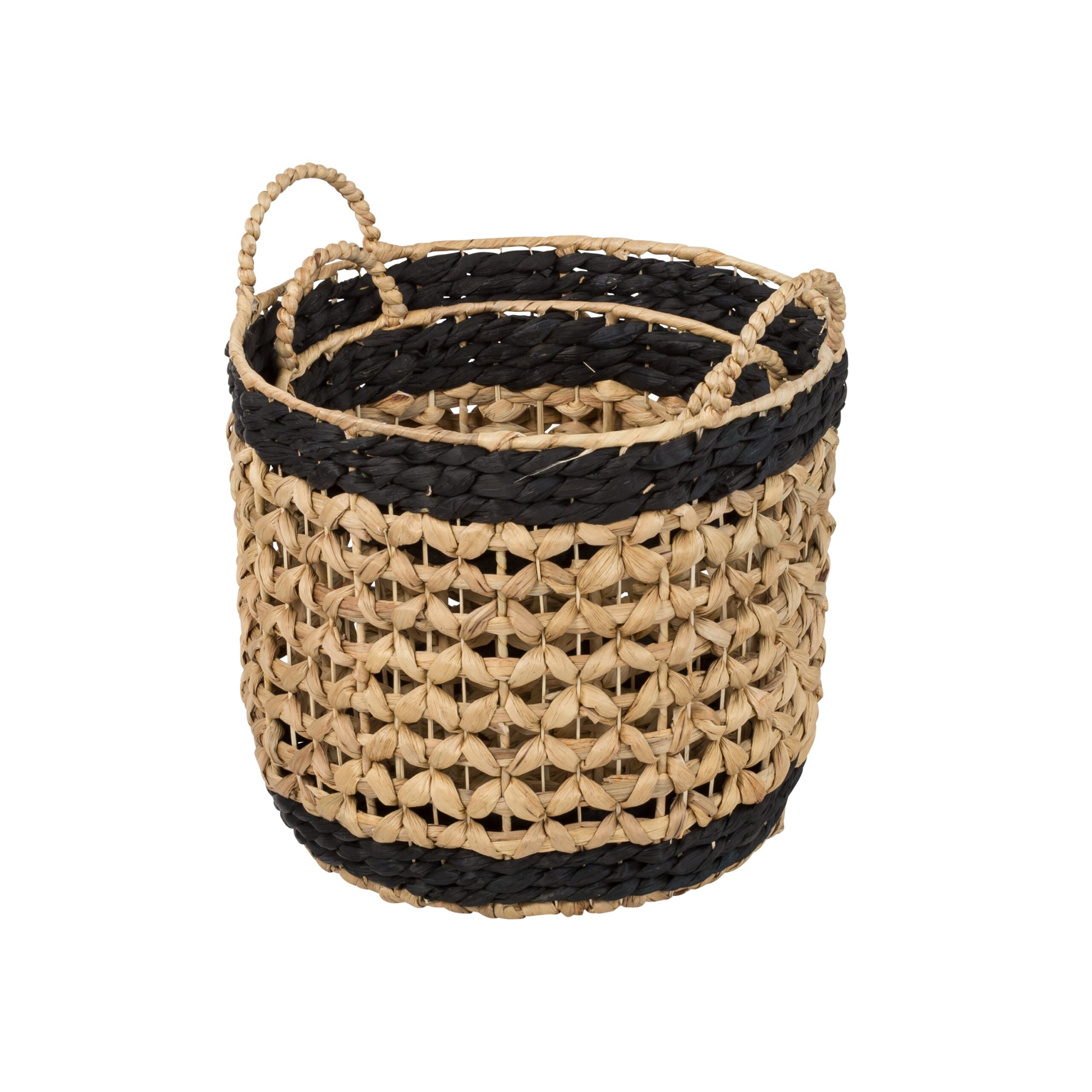 natural/black round decorative wicker baskets with handles (set of 2) natural/black round decorative wicker baskets with handles (set of 2)