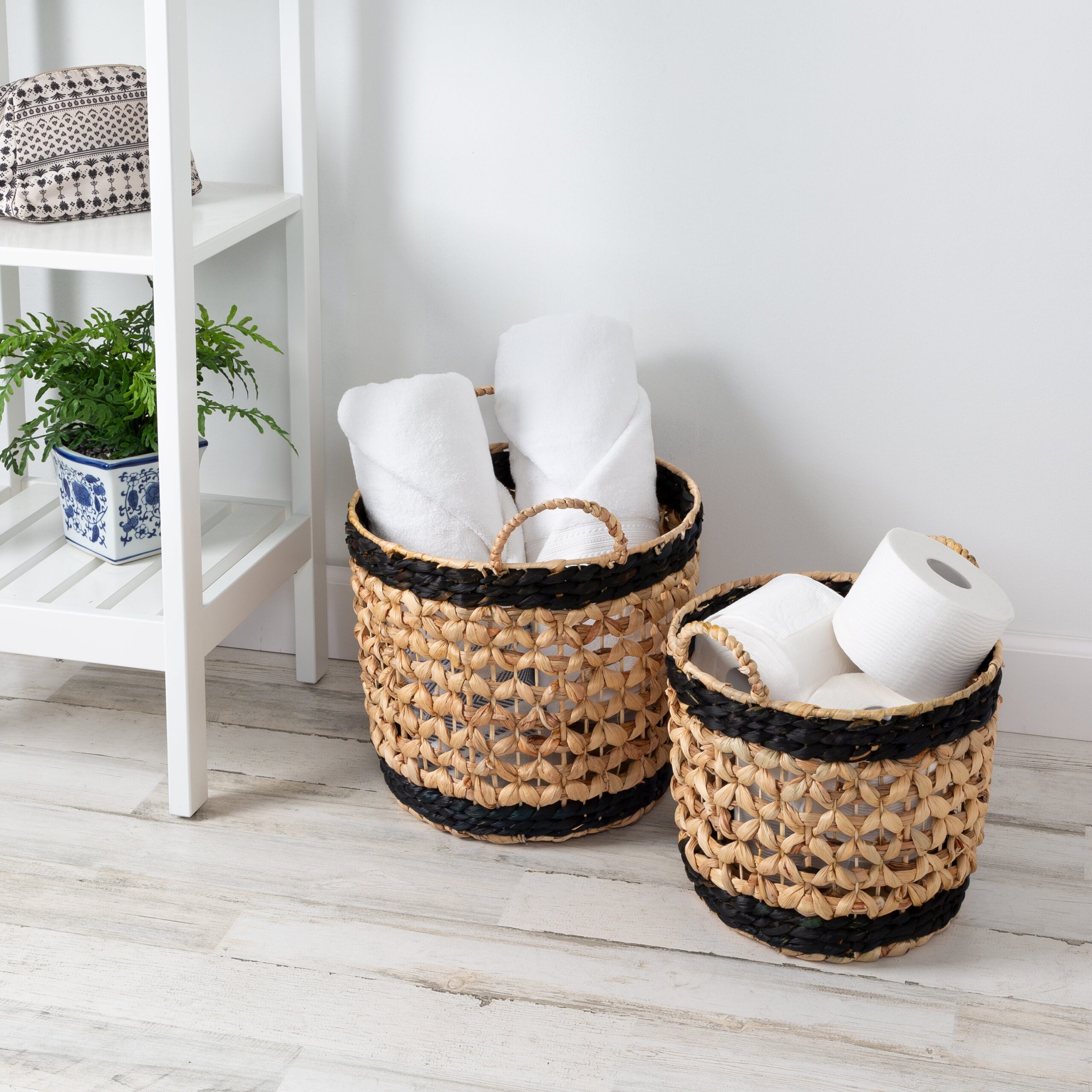 natural/black round decorative wicker baskets with handles (set of 2) natural/black round decorative wicker baskets with handles (set of 2)
