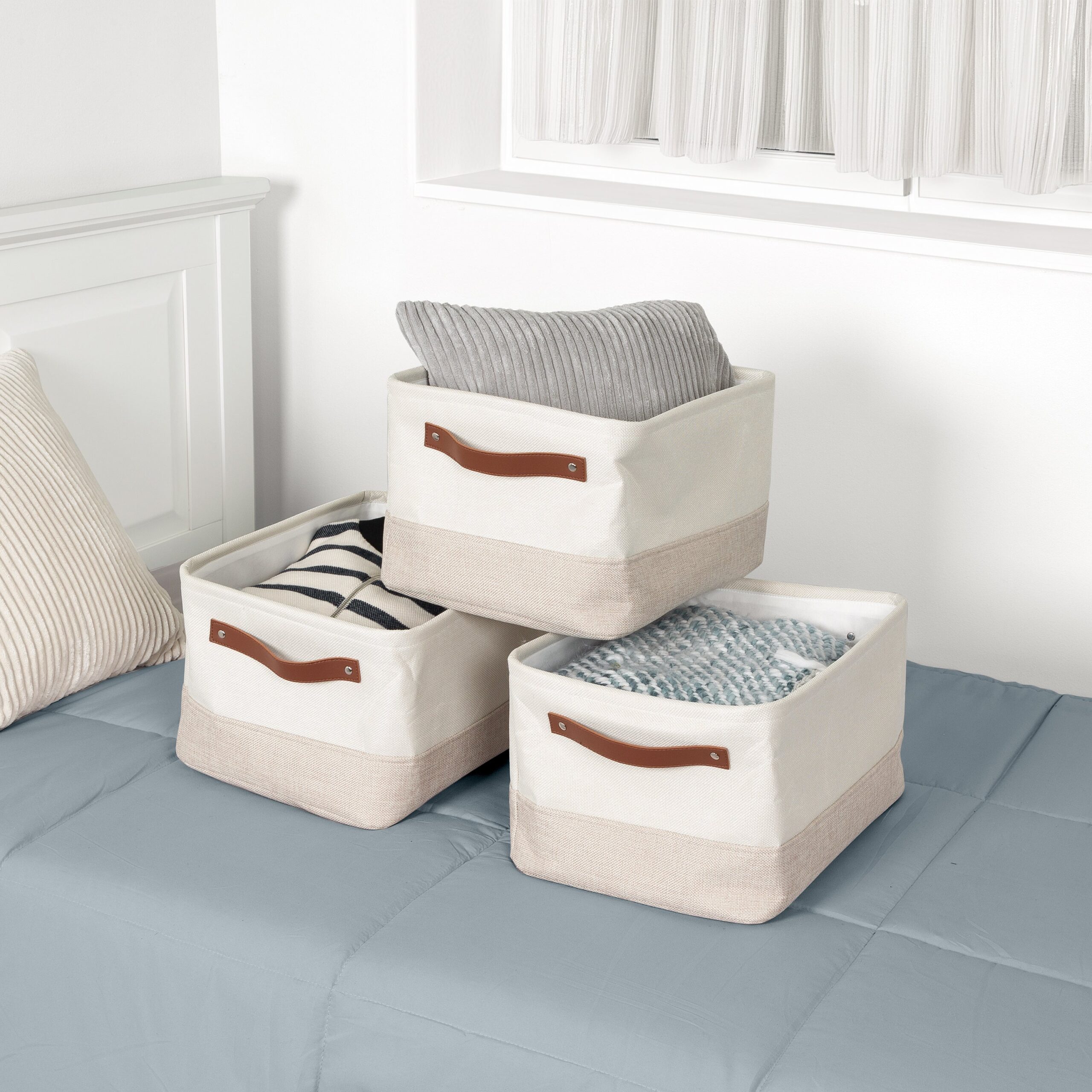 white/beige 3 pack decorative canvas storage bins with handles white/beige 3 pack decorative canvas storage bins with handles